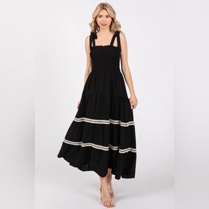 NWT Signify Black Smocked Maxi Dress Coquette Boho Ribbon & Lace Tiered Sundress